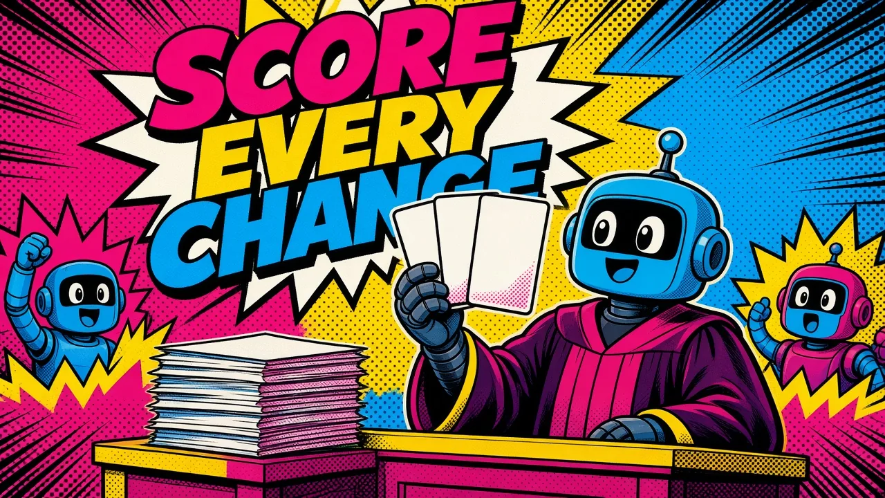 Comic panel of a judge robot holding score cards over a stack of answer sheets