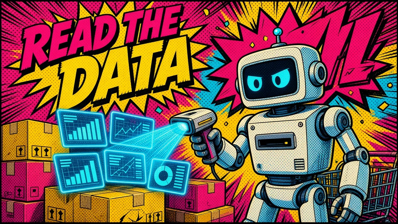 Comic panel of a shopping robot scanning product data cards and stock boxes