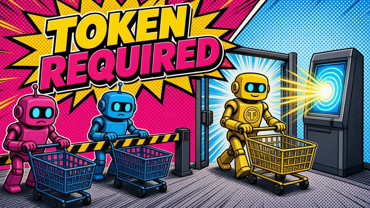 Comic panel of three cart-pushing robots at a checkout gate where only the one with a token badge reaches the pay terminal