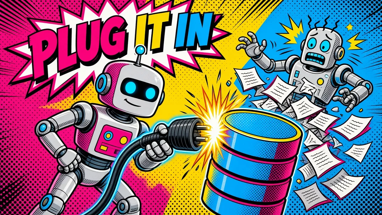 Comic panel of a robot plugging a cable into a database while another robot drops a pile of copy-paste papers