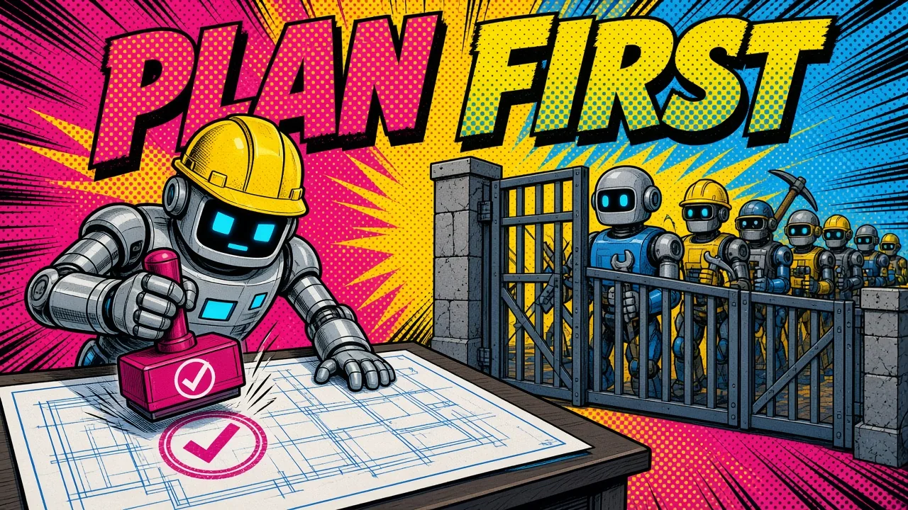 Comic panel of an architect robot stamping a blueprint while worker robots wait behind a gate