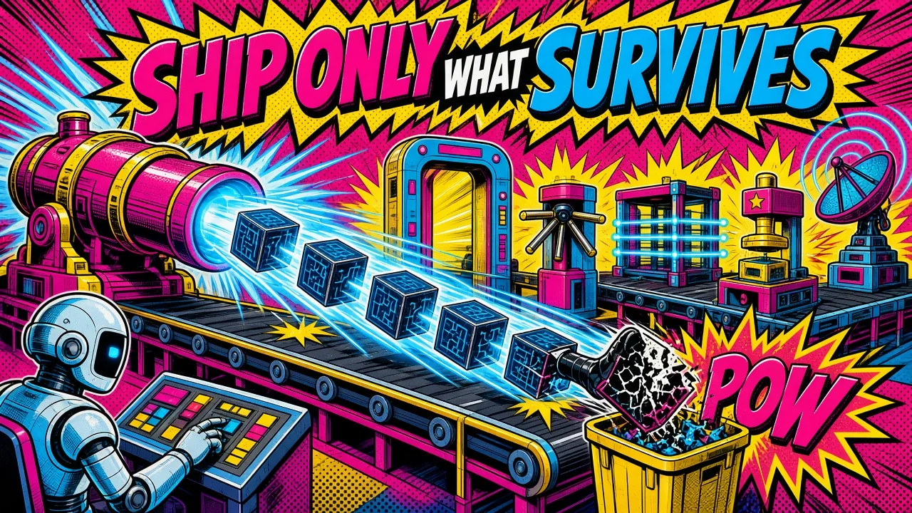 Comic pop-art panel of a code cannon firing crates down a conveyor through checkpoint gates while a robot at a control panel bins a cracked crate