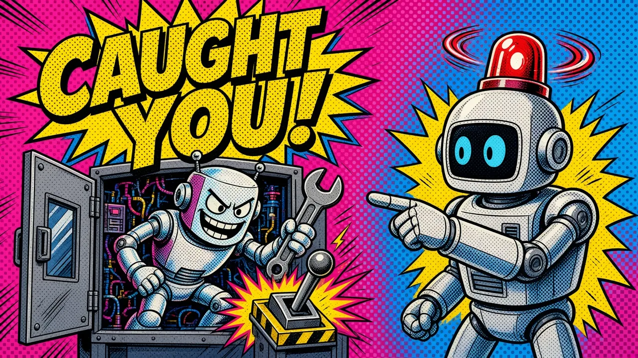 Comic pop-art panel of a sneaky robot tampering with a lever inside a machine while a test robot with a red siren points and catches it