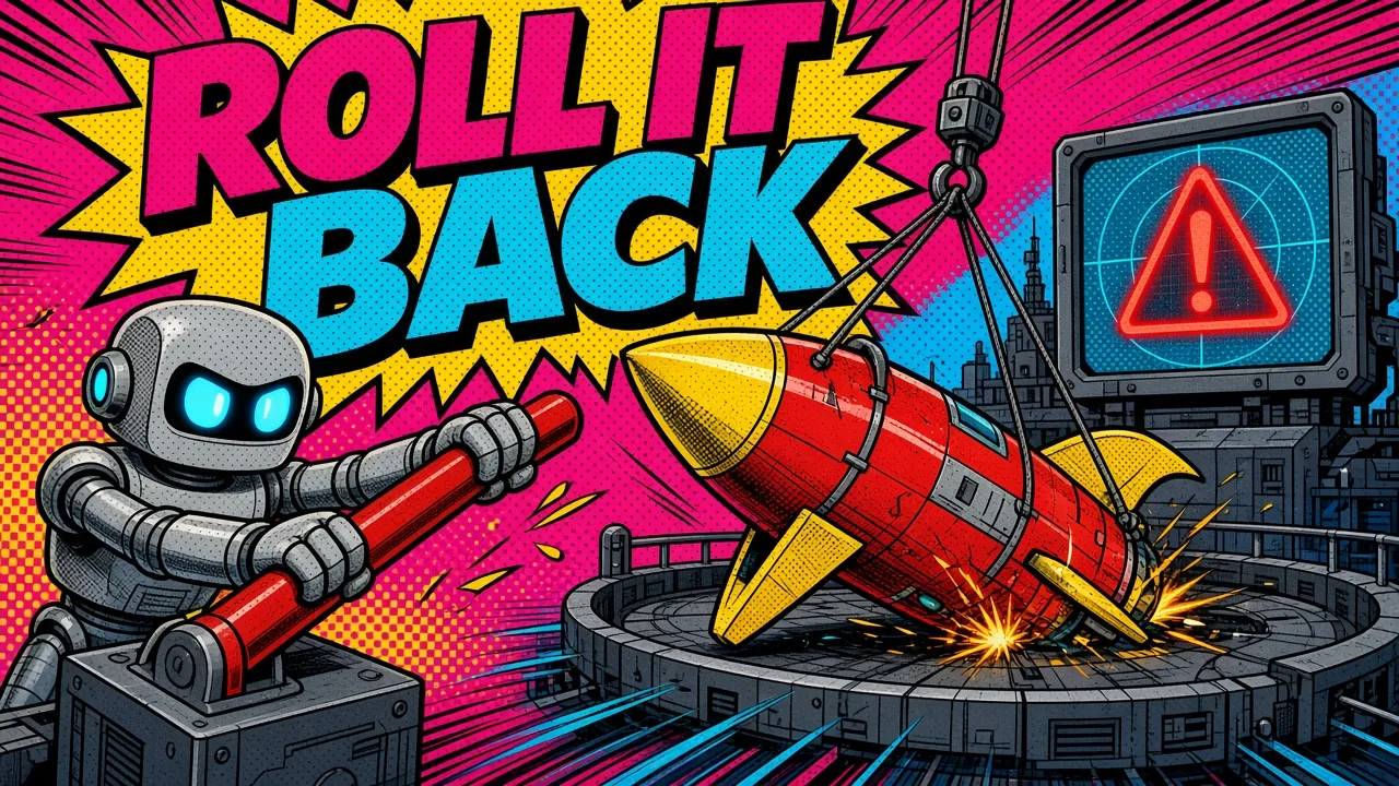 Comic pop-art panel of a robot pulling a big rollback lever as a cracked rocket gets winched back onto the launch pad