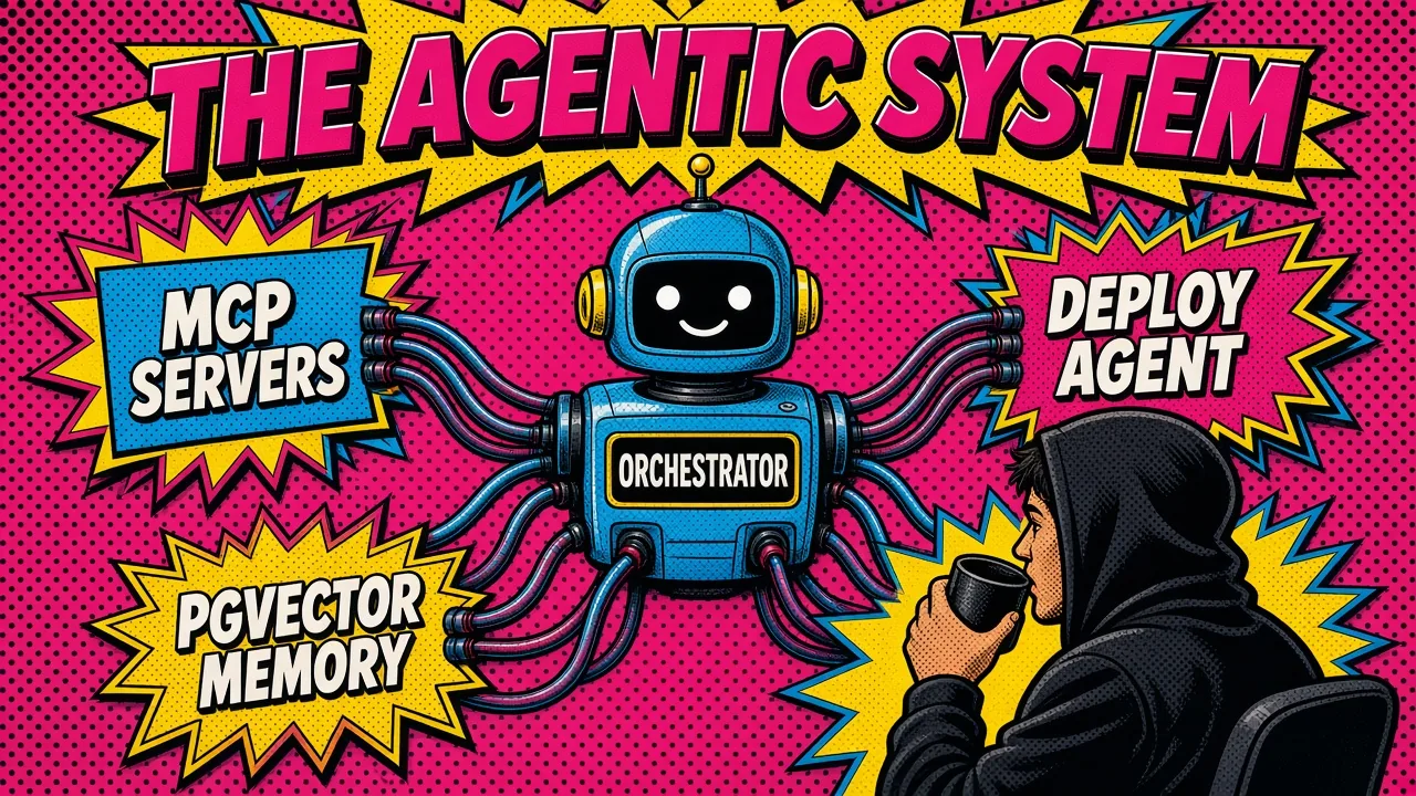Vibrant pop-art bento grid diagram of an agentic system wiring MCP servers, pgvector memory, and deployment agents