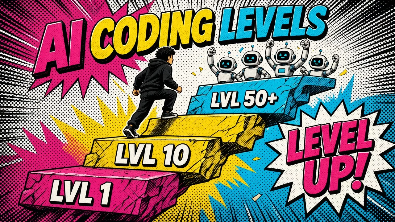 Pop-art developer skill tree showing AI coding levels from simple prompts to agentic systems