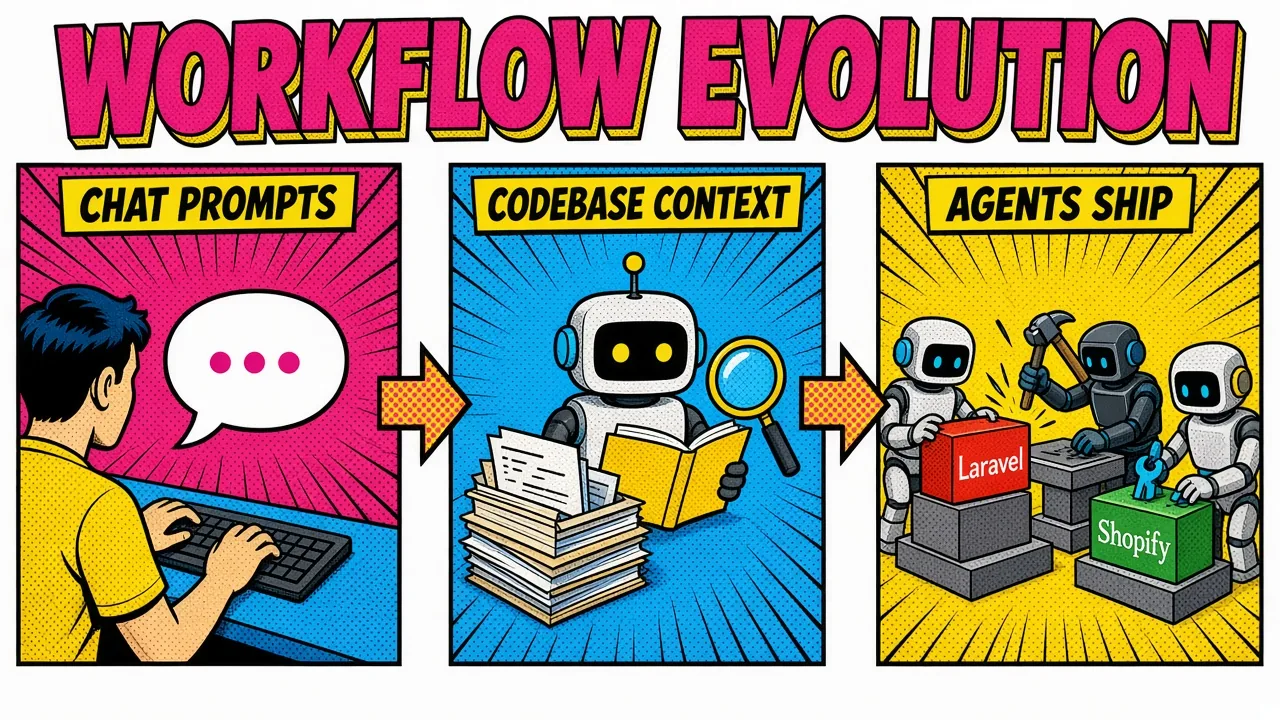 Technical pop-art illustration showing an AI coding workflow evolving from chat prompts to Laravel and Shopify GraphQL agents