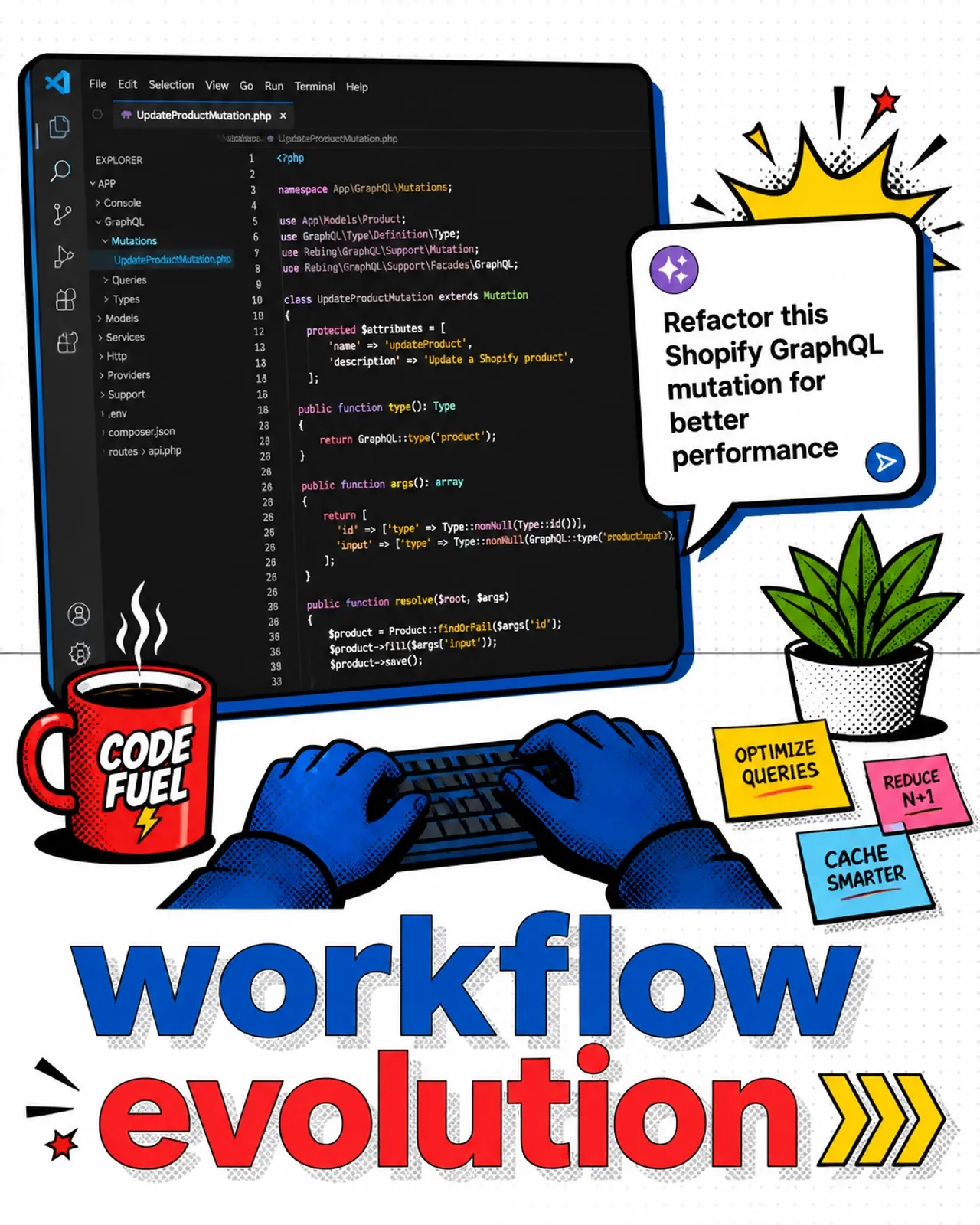 Technical pop-art illustration showing an AI coding workflow evolving from chat prompts to Laravel and Shopify GraphQL agents