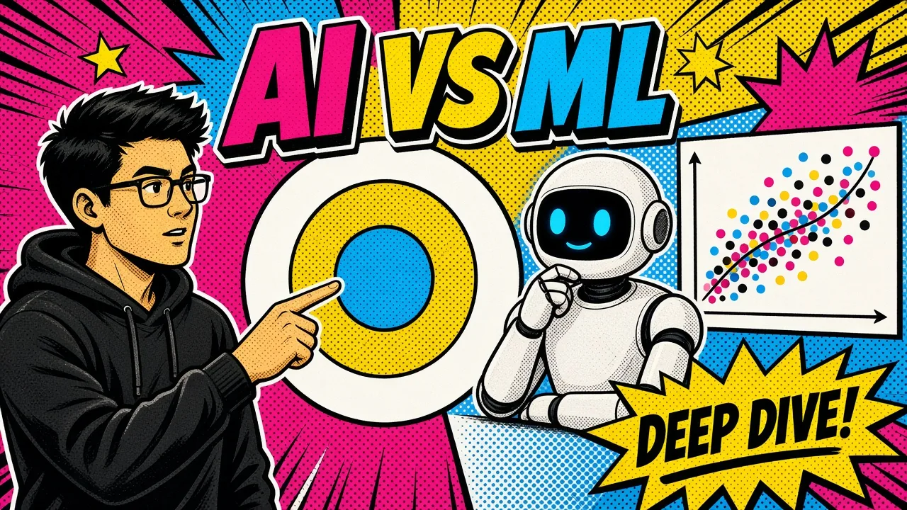 Pop-art workstation showing AI orchestration code alongside a machine learning model dashboard