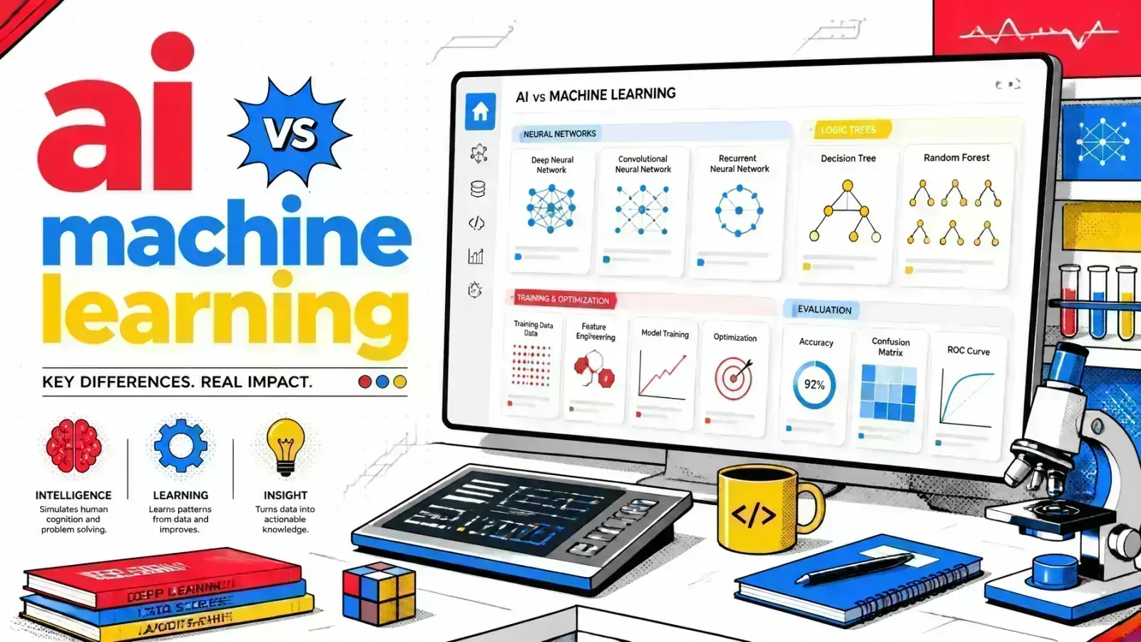 Pop-art workstation showing AI orchestration code alongside a machine learning model dashboard