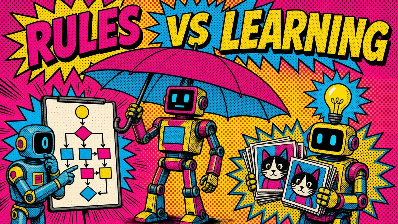 Comic panel of a robot holding an umbrella over one robot following a flowchart and another learning from cat photos