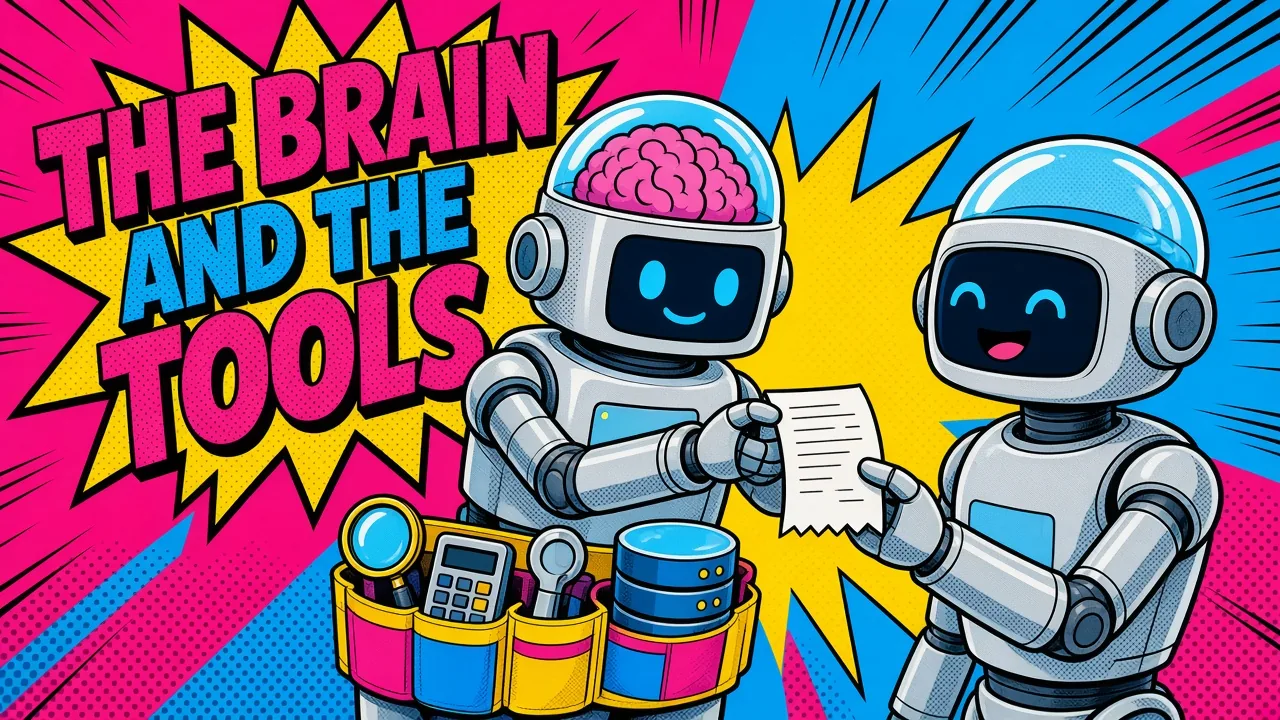 Comic panel of a robot with a glass brain dome and a tool belt handing a receipt to a shopper robot