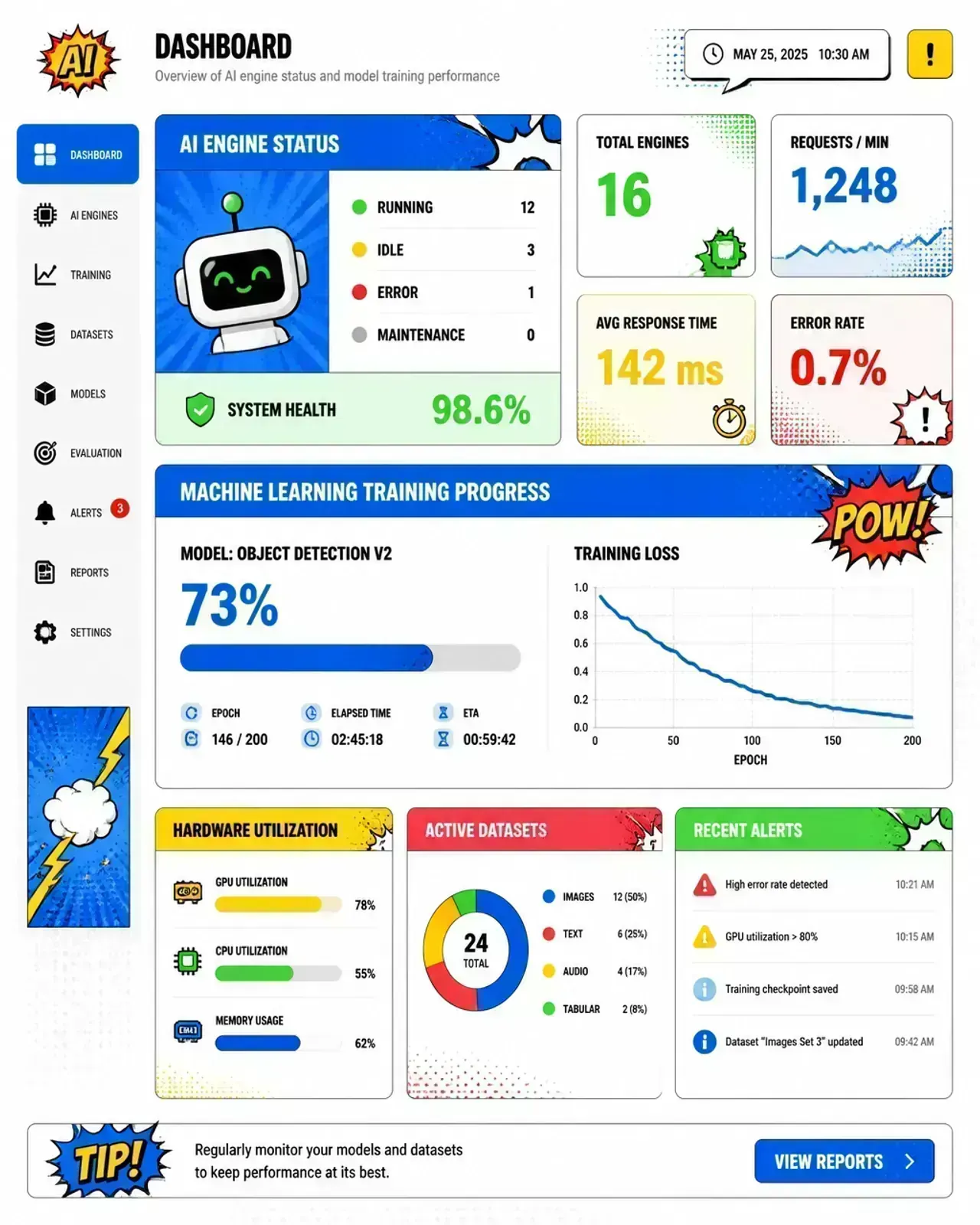 SaaS dashboard panels tracking AI system latency and error rates next to ML model drift and accuracy