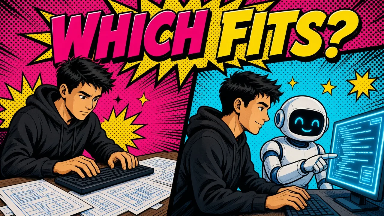 Pop-art comic illustration comparing AI-assisted development and traditional coding