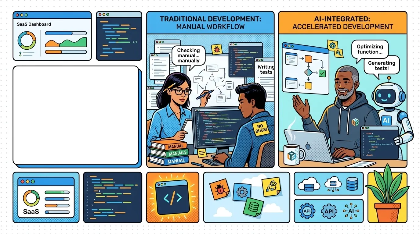 Pop-art comic illustration comparing AI-assisted development and traditional coding