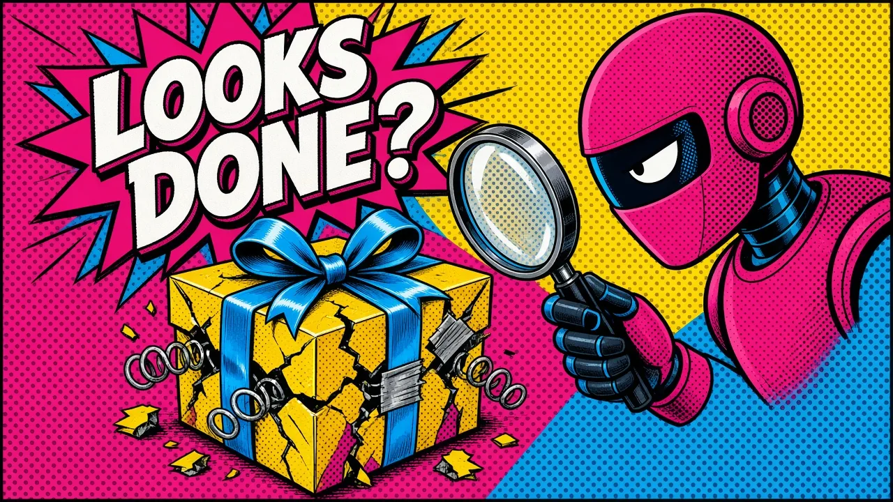 Comic panel of a reviewer robot inspecting a taped-up, cracked gift box with a magnifying glass