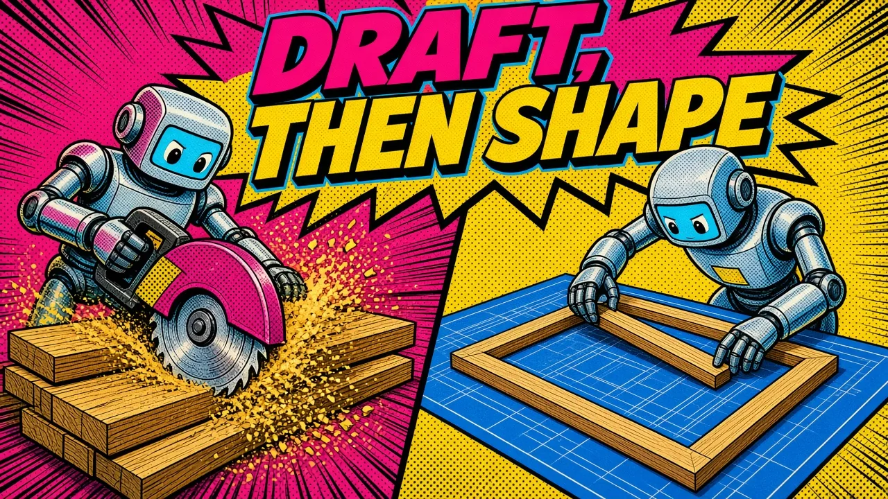 Comic panel of one robot rough-cutting planks with a saw while another fits them into a frame on a blueprint