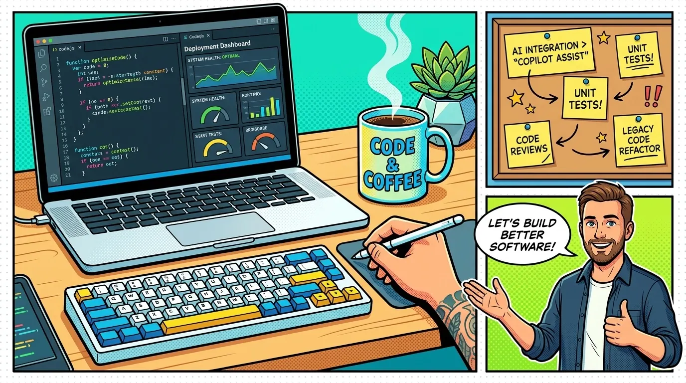 Final workspace visual of a senior developer desk in pop-art comic style