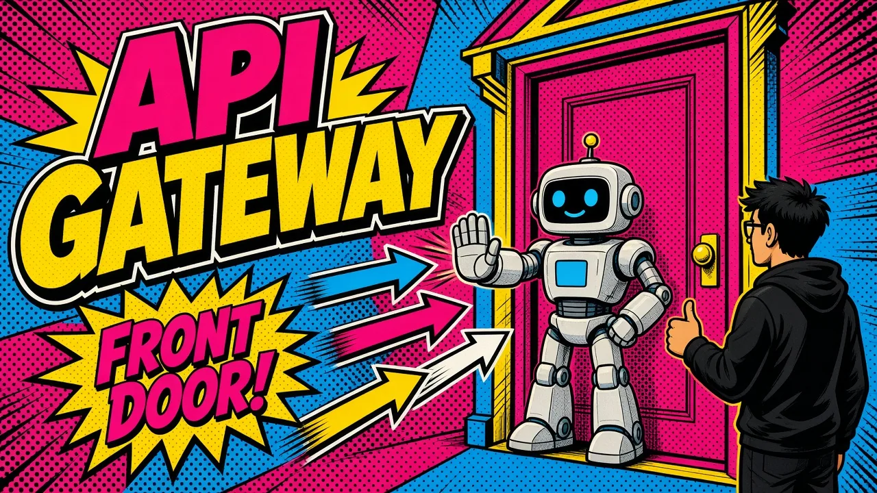 A senior developer facing a glowing API gateway portal ringed by lock, router, and timer icons