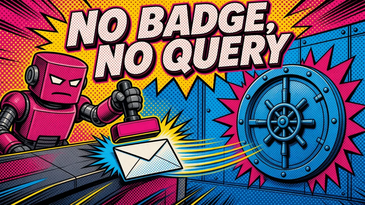 Comic panel of a gatekeeper robot stamping a request envelope before it slides toward a vault door