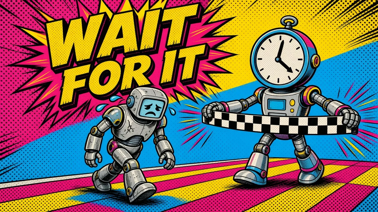 Comic panel of a clock-headed robot holding the finish tape open for a slow runner robot