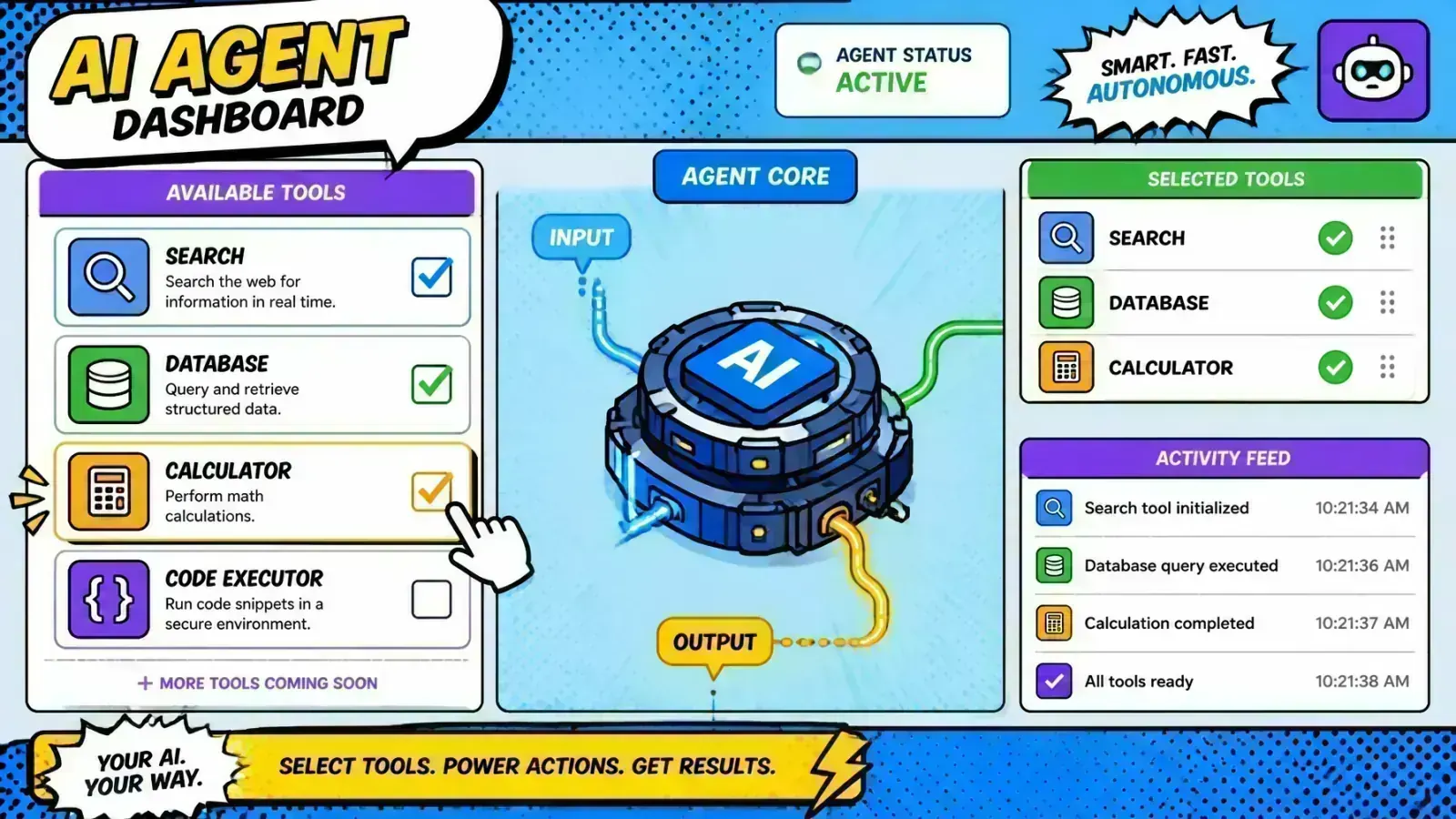 An AI agent dashboard dynamically selecting tools from an MCP server
