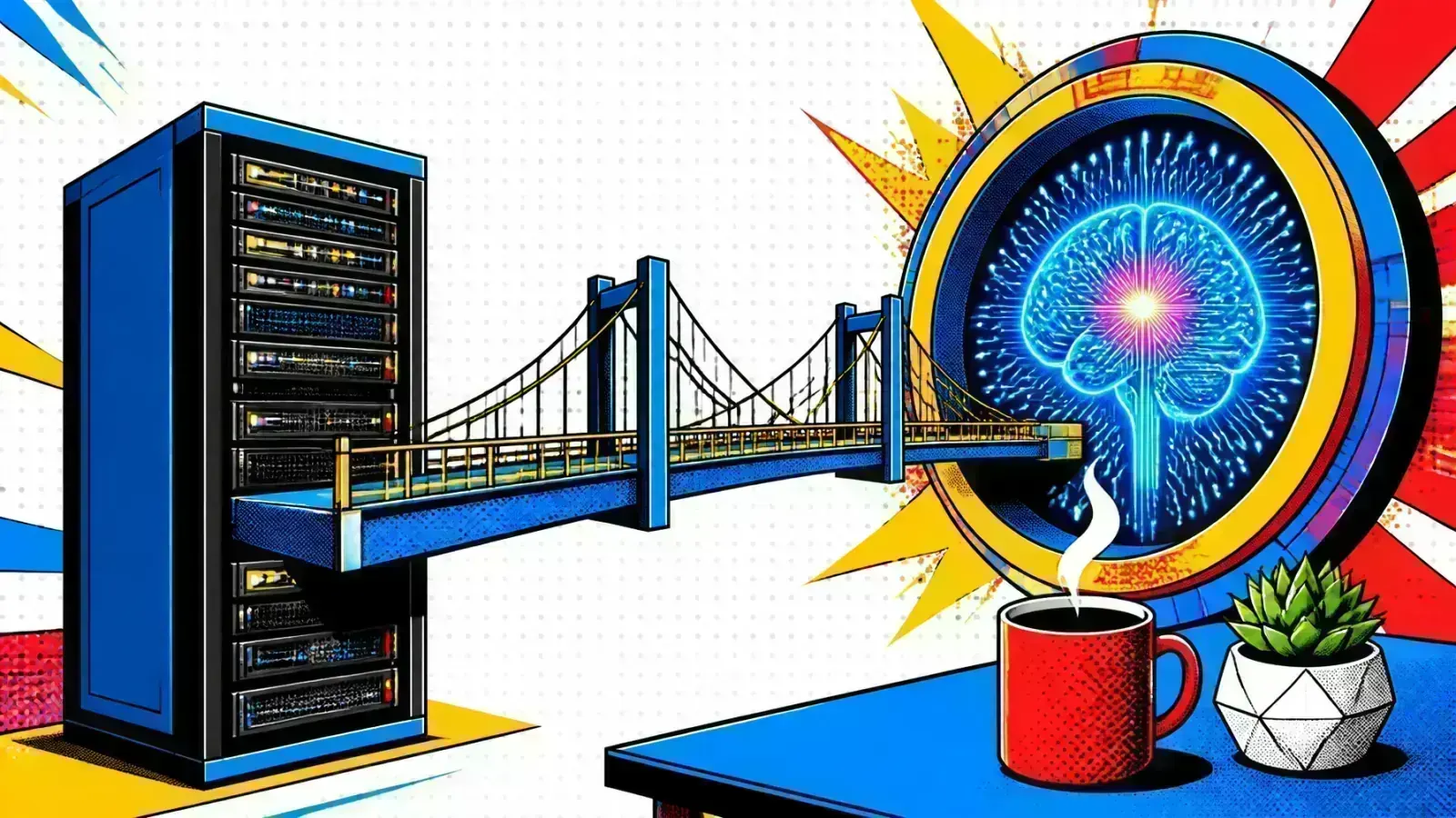 Pop-art style bridge connecting a server rack with a glowing AI brain core
