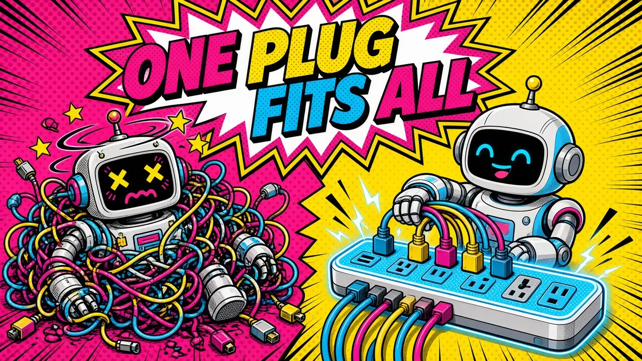 Comic panel of a robot tangled in cables next to a happy robot using one universal power strip