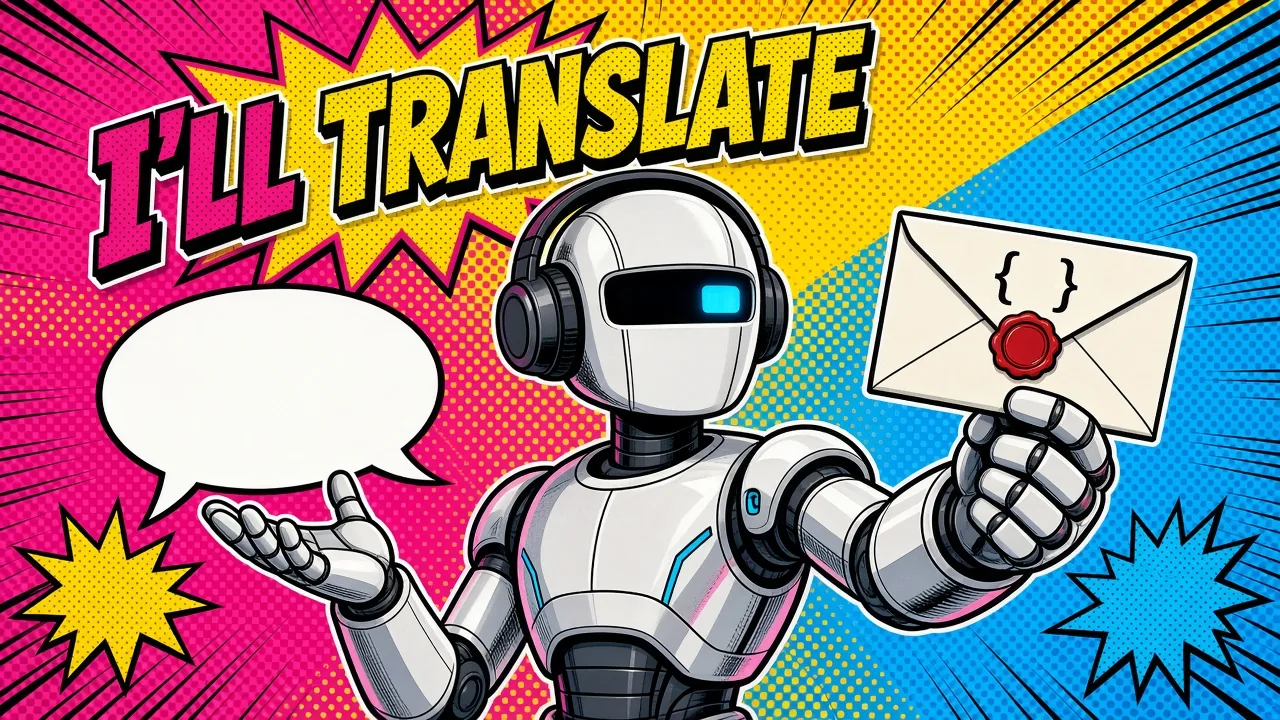 Comic panel of a translator robot turning a speech bubble into a sealed envelope marked with curly braces