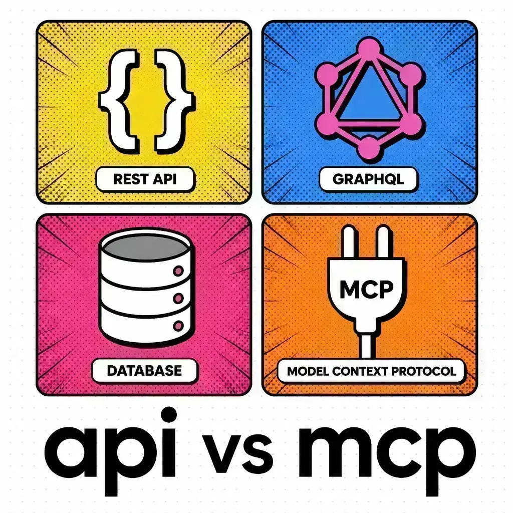 A bento grid comparison showing REST, GraphQL, and MCP as different technical modules