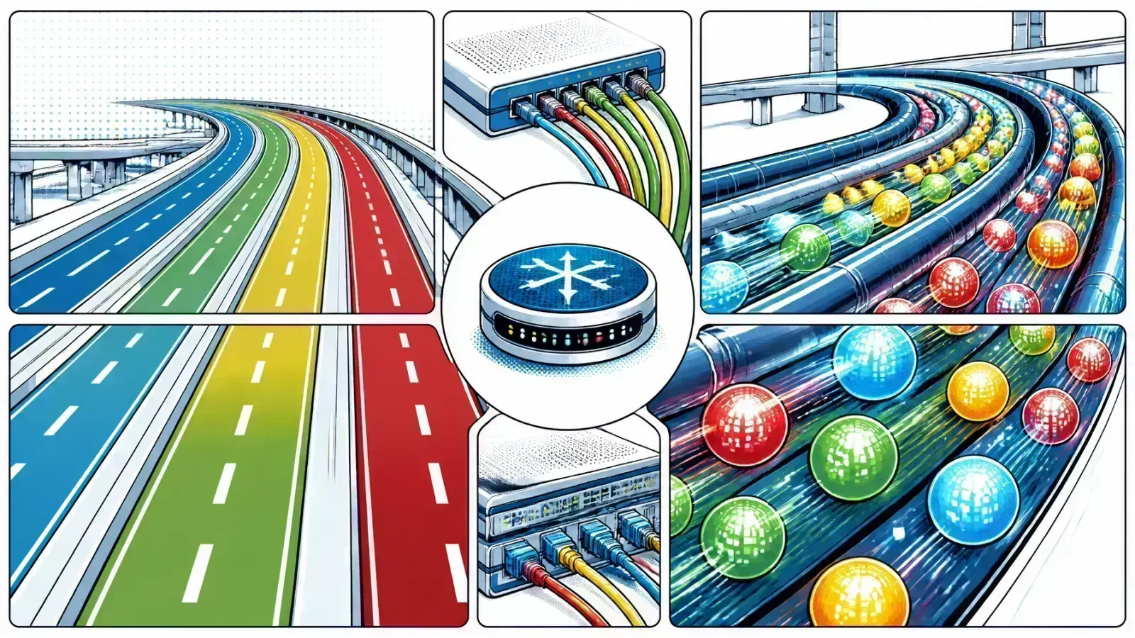 Pop-art comic hero: a multi-lane data highway showing bandwidth as lane count and throughput as cars actually arriving