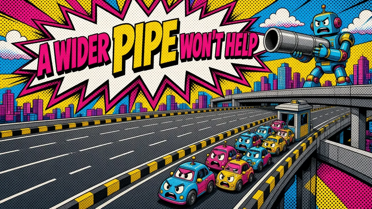 Comic panel of an empty wide highway with cars jammed at a tiny toll booth while a robot holds a useless giant pipe
