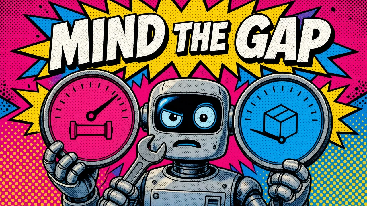 Comic panel of a mechanic robot comparing a maxed-out gauge with a barely moving one