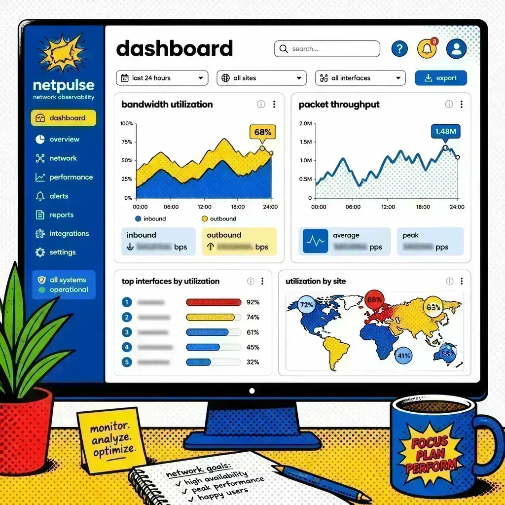 Pop-art SaaS dashboard tracking bandwidth utilization against actual application throughput to spot the gap