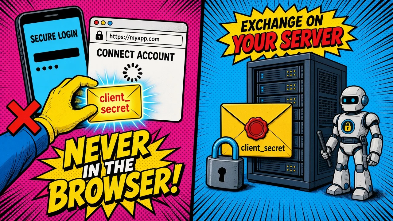 Comic pop-art warning panel: never put the client secret in a browser or mobile app; run the exchange on your server