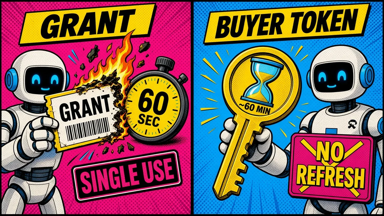 Comic pop-art panel: a grant that expires in 60 seconds and is single-use, next to a buyer-linked token that lasts about 60 minutes with no refresh