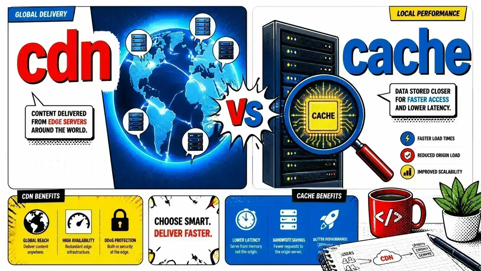 Pop-art globe showing a CDN's global edge network alongside a local server cache