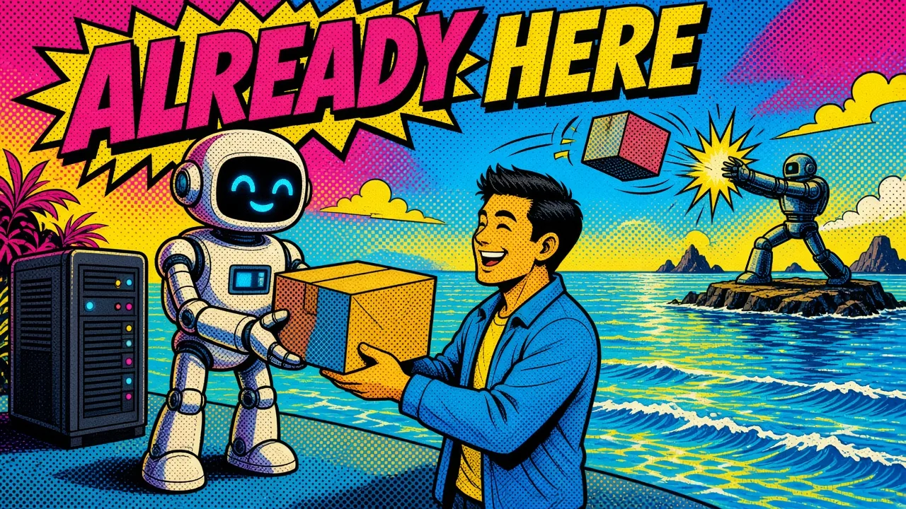 Comic panel of a nearby robot handing a package to a user while a distant robot throws one across the ocean