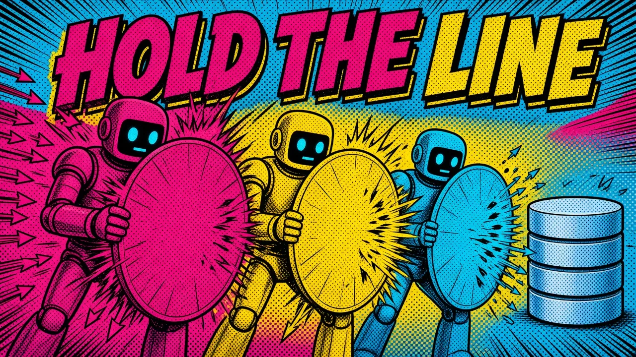 Comic panel of three shield-holding robots absorbing a flood of requests in front of a database