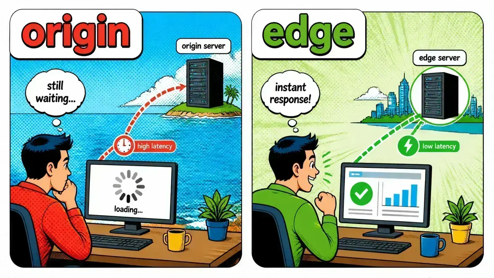 Pop-art comic panel contrasting high latency from a distant origin server with low latency from a nearby CDN edge server