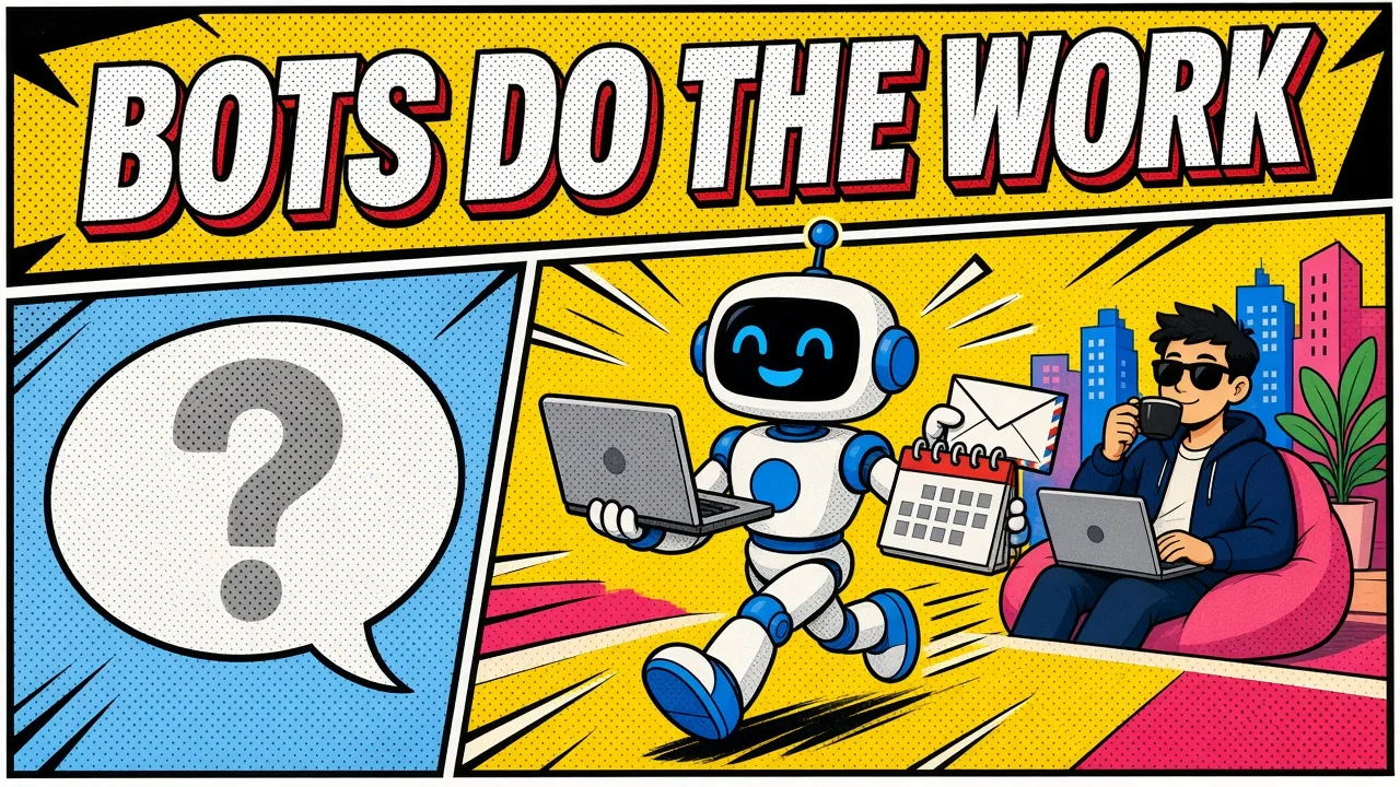 Comic pop-art split scene: a faded chat bubble with a question mark beside a robot running with a laptop, calendar and envelope while a developer relaxes, headline Bots do the work