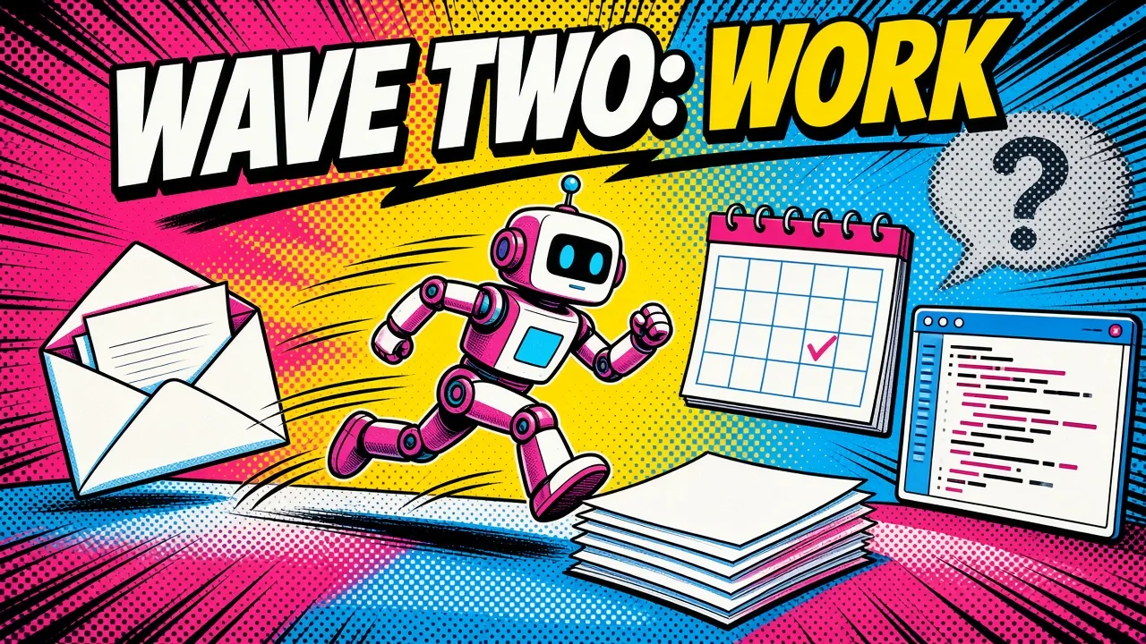 Comic pop-art panel: a robot sprinting between an open inbox, a calendar and a code window, leaving a neat stack of drafts on a desk while the chat box behind it sits empty