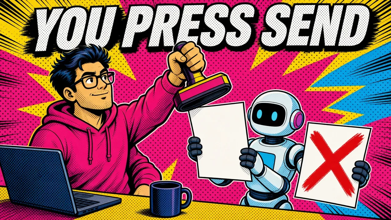 Comic pop-art panel: a person at a desk holding a big rubber stamp over a draft that a small robot is holding up, with a second draft already crossed out in the robot's other hand