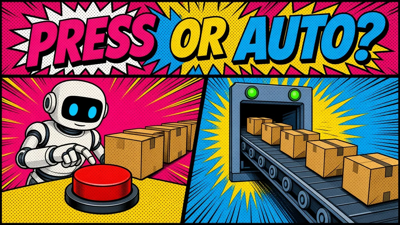 Comic panel of a robot about to press a release button beside an automatic conveyor belt shipping boxes
