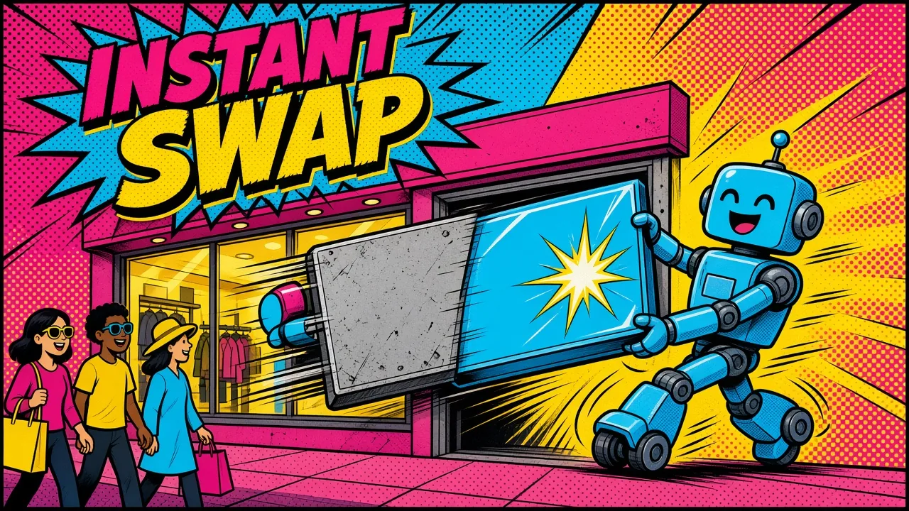 Comic panel of a robot swapping a new storefront panel in for the old one while shoppers walk by