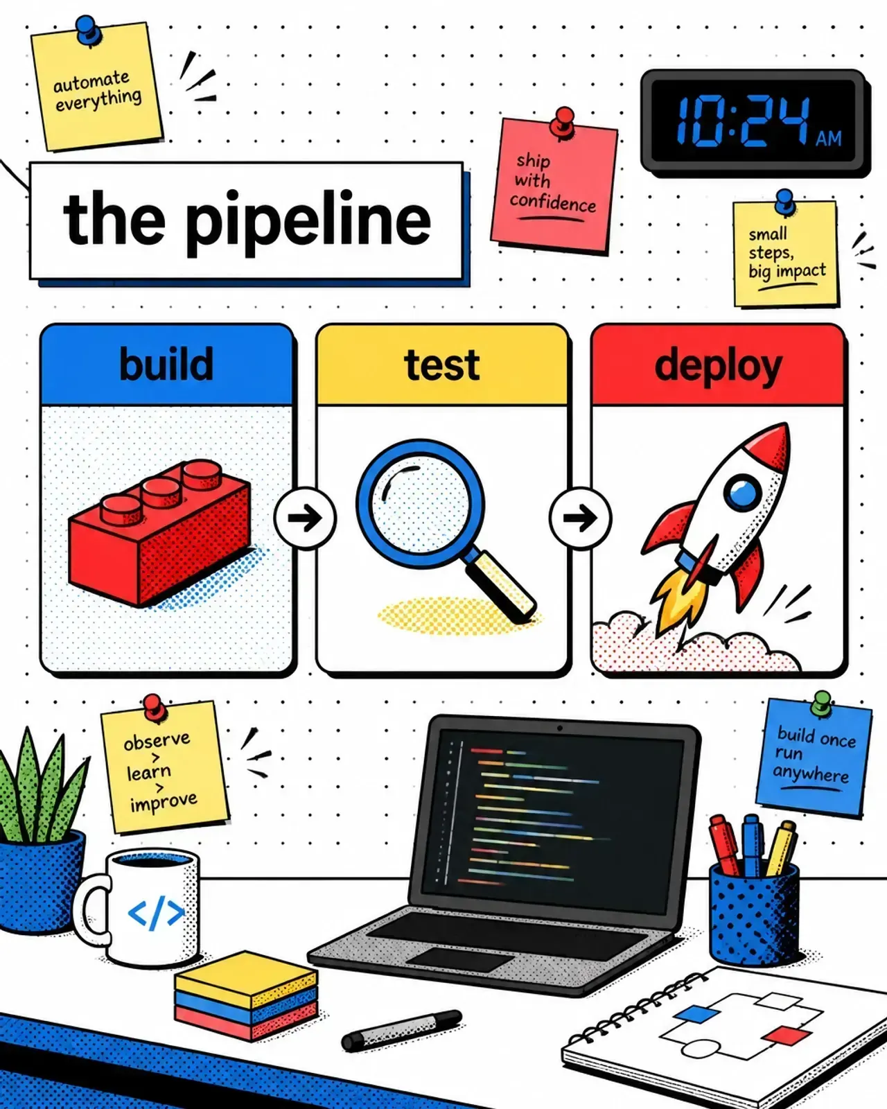 Pop-art bento grid showing the build, test, and deploy stages of a CI/CD pipeline flowing left to right