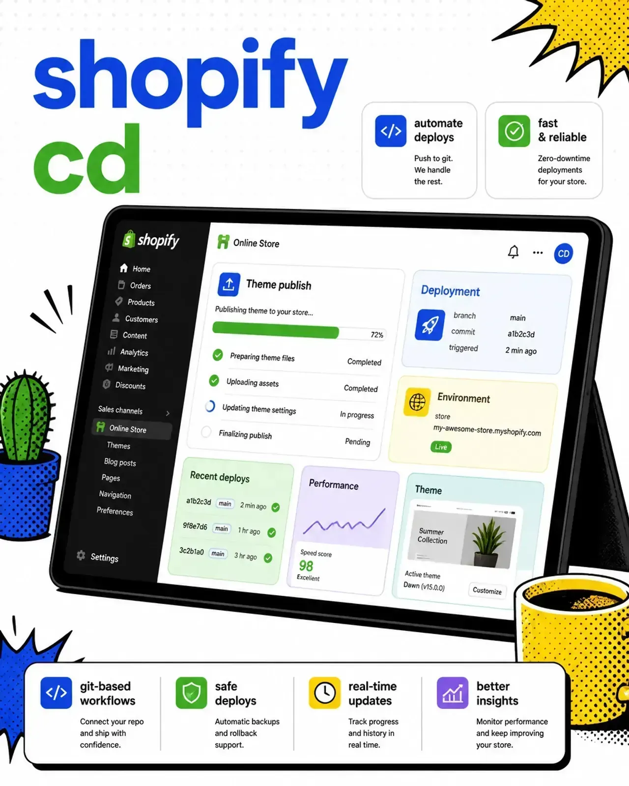 Pop-art scene of a Shopify theme deployment dashboard on a tablet showing a published theme swap