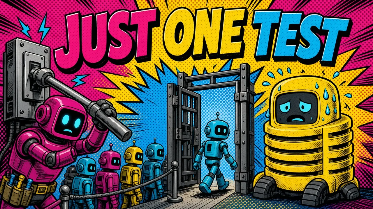 Comic panel of a robot electrician letting one test request through a half-open circuit breaker to a slow database robot