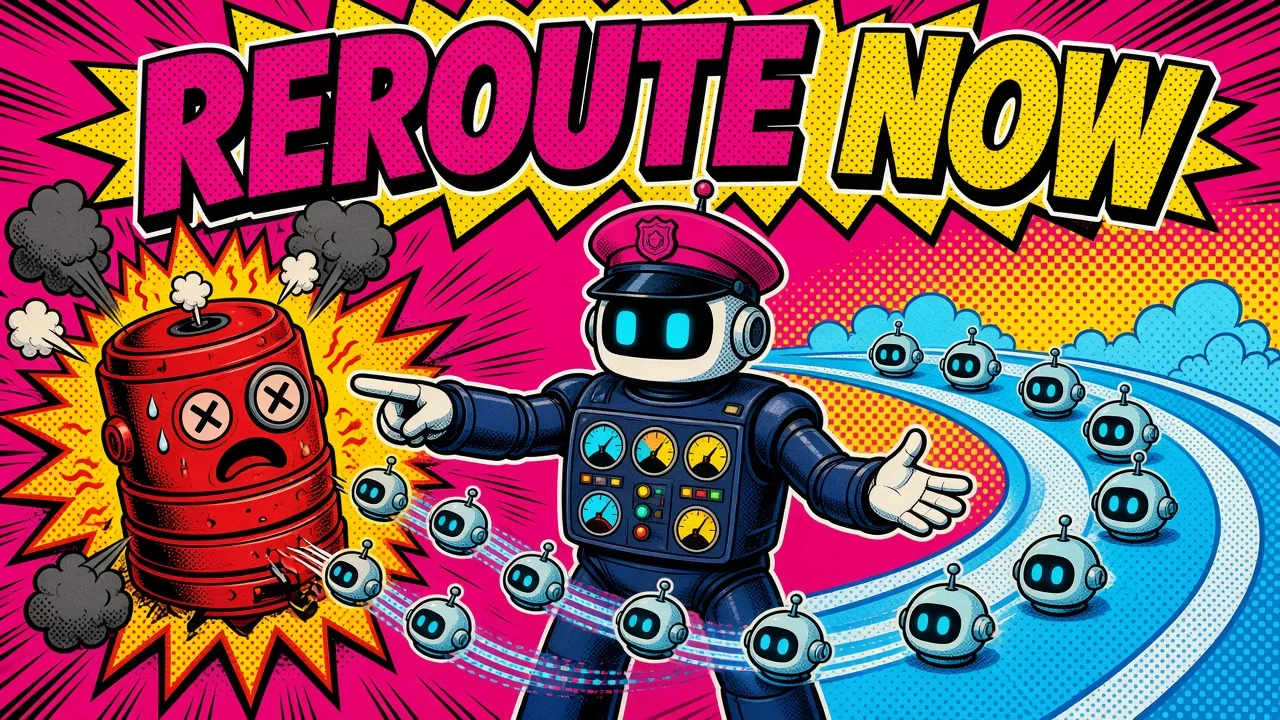 Comic panel of a traffic robot with a gauge dashboard steering requests away from an overheated database robot toward a backup lane