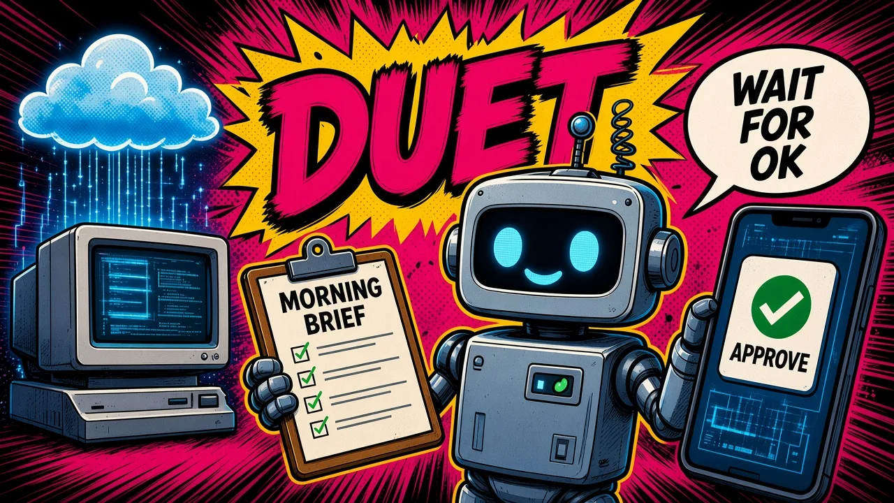 Comic pop-art scene of a founder at a laptop facing a small robot with a morning checklist, a raised hand between them, and the words It waits for your ok